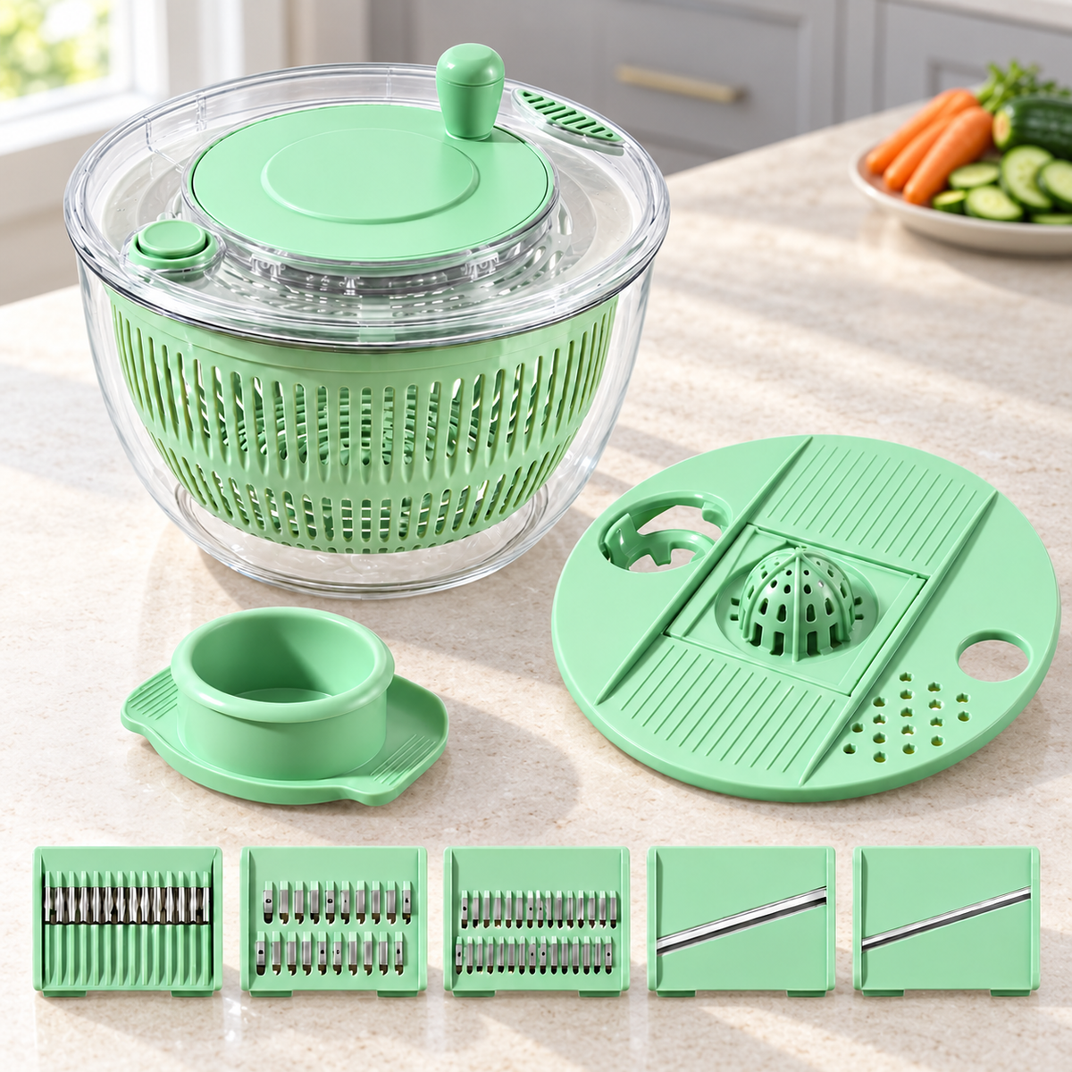 Salad Spinner and Vegetable Cutter Options for Fresh Meal Preparation - Clear Green 2-in-1 - lifestyle