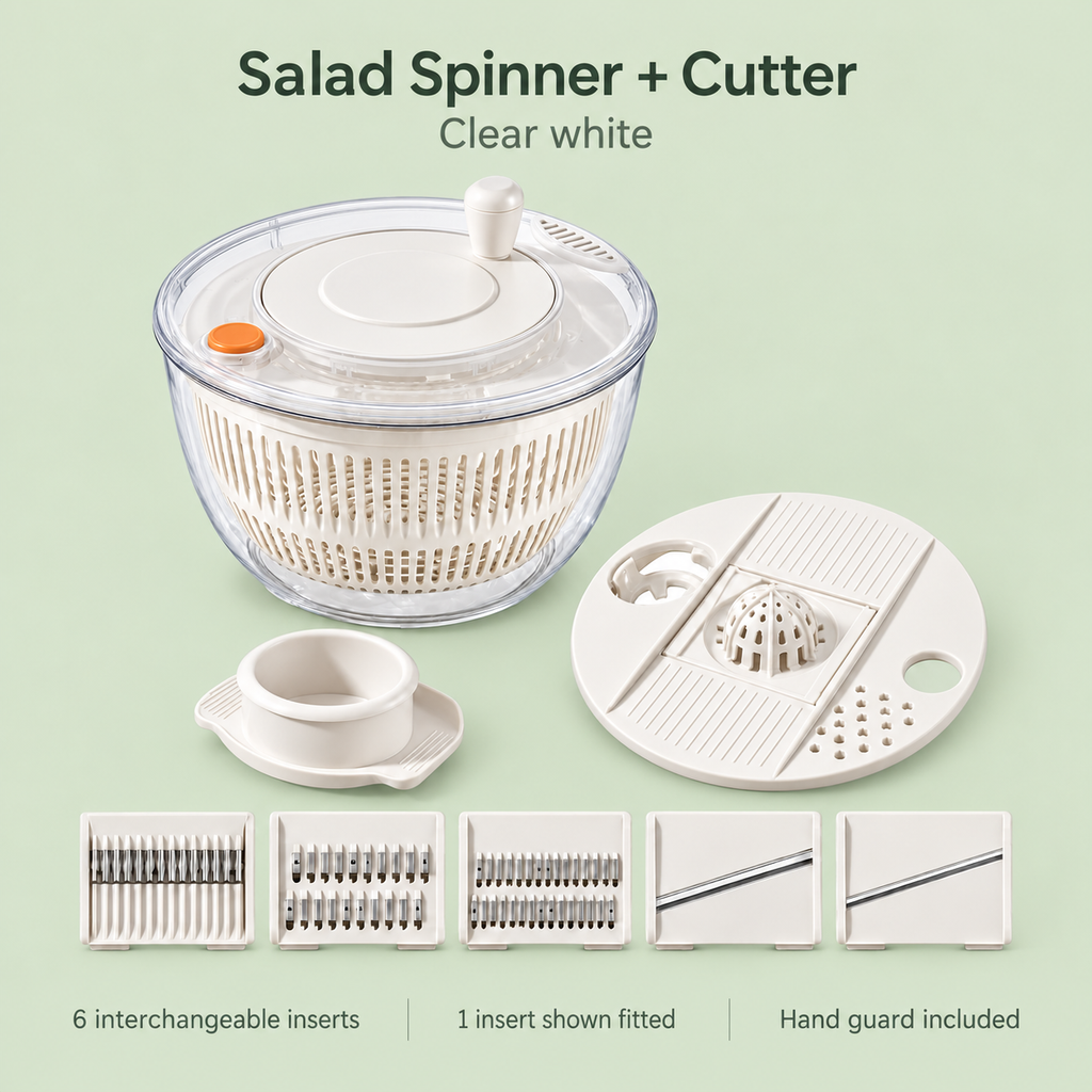 Salad Spinner and Vegetable Cutter Options for Fresh Meal Preparation - Clear White 2-in-1 - feature