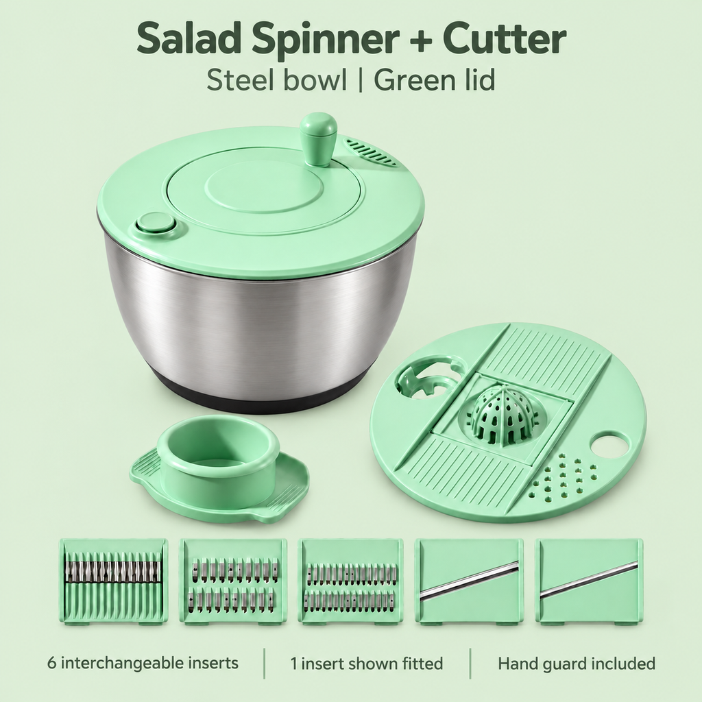 Salad Spinner and Vegetable Cutter Options for Fresh Meal Preparation - Fresh Green stainless-style 2-in-1 - feature