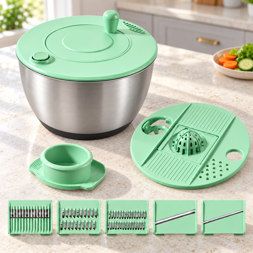 Salad Spinner and Vegetable Cutter Options for Fresh Meal Preparation - Fresh Green stainless-style 2-in-1 - lifestyle