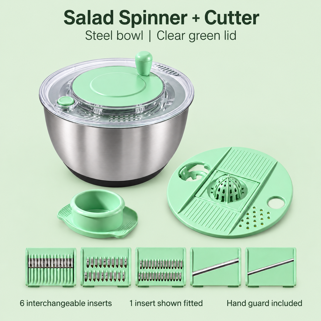 Salad Spinner and Vegetable Cutter Options for Fresh Meal Preparation - Clear Green stainless-style 2-in-1 - feature