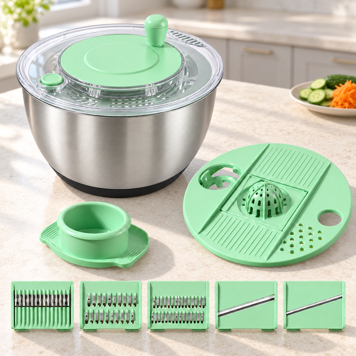Salad Spinner and Vegetable Cutter Options for Fresh Meal Preparation - Clear Green stainless-style 2-in-1 - lifestyle