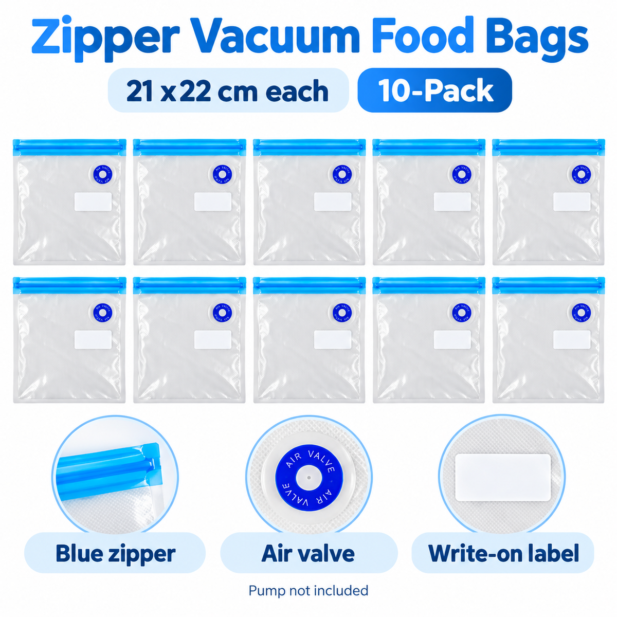 10-Pack Zipper Vacuum Food Bags in Multiple Sizes for Organized Food Storage - Blue zipper 21 x 22 - 10-Pack - feature
