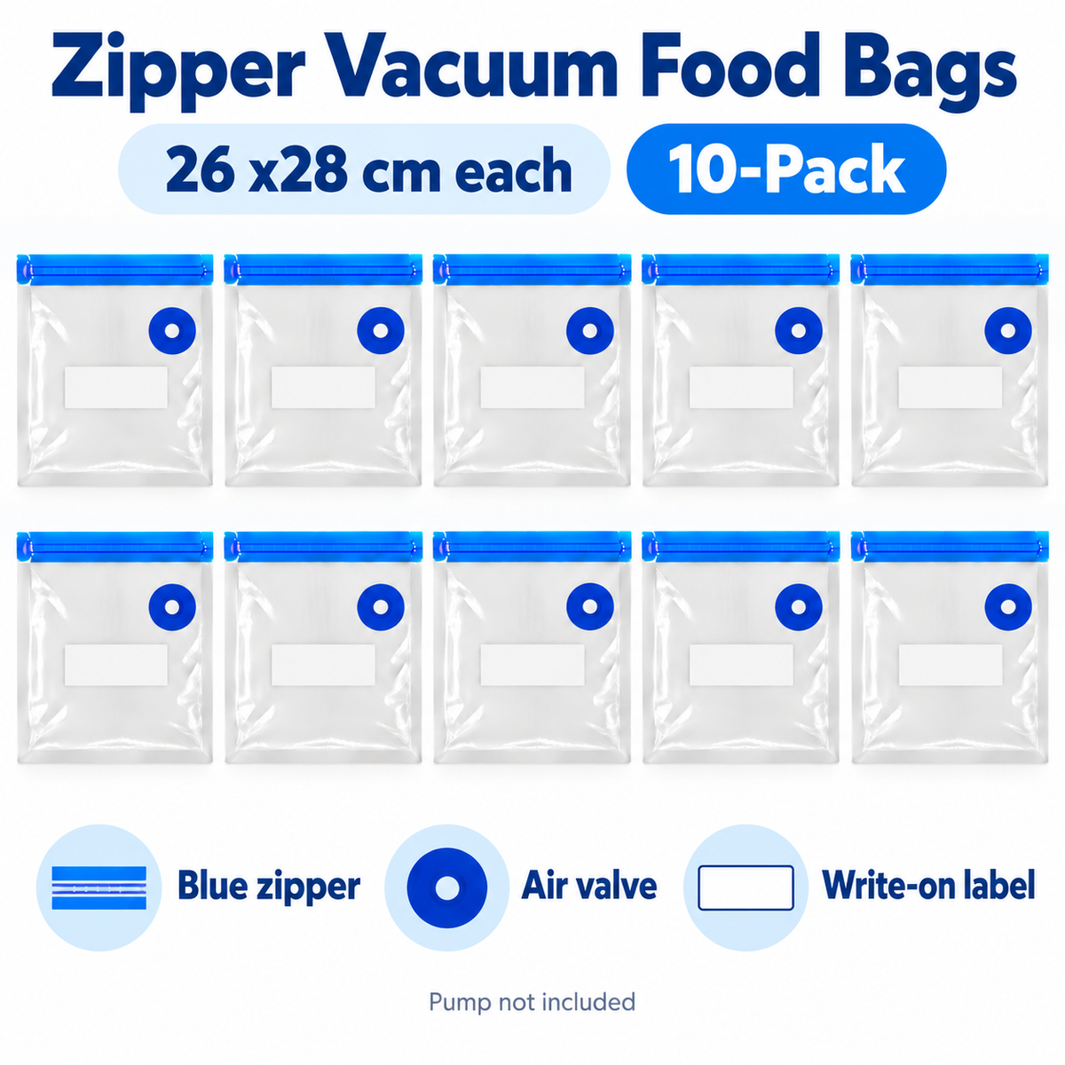 10-Pack Zipper Vacuum Food Bags in Multiple Sizes for Organized Food Storage - Blue zipper 26 x 28 - 10-Pack - feature