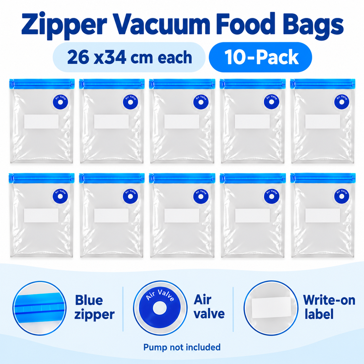 10-Pack Zipper Vacuum Food Bags in Multiple Sizes for Organized Food Storage - Blue zipper 26 x 34 - 10-Pack - feature