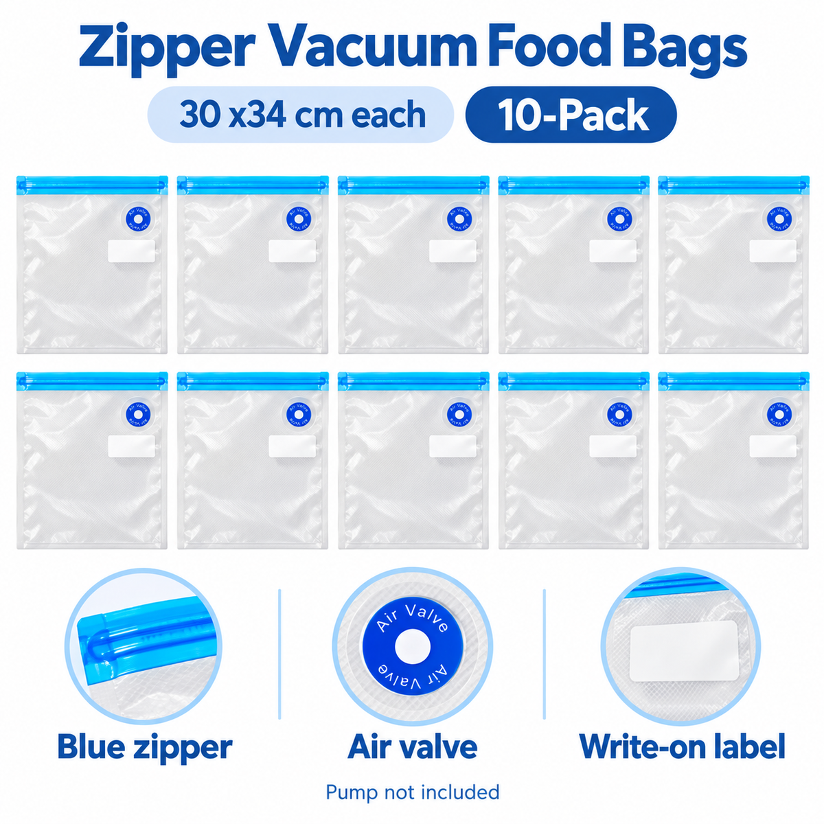 10-Pack Zipper Vacuum Food Bags in Multiple Sizes for Organized Food Storage - Blue zipper 30 x 34 - 10-Pack - feature