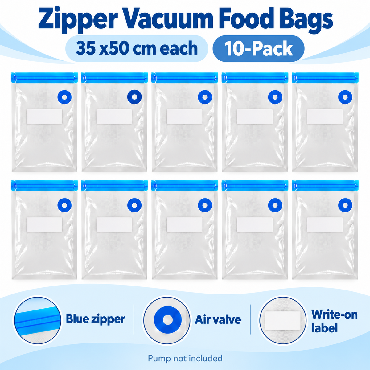 10-Pack Zipper Vacuum Food Bags in Multiple Sizes for Organized Food Storage - Blue zipper 35 x 50 - 10-Pack - feature