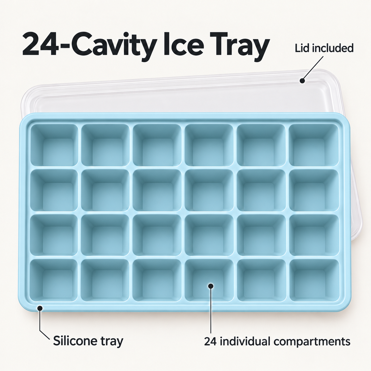 24-Cavity Silicone Ice Cube Tray with Lid Options for Home Freezing - Muted Blue with lid - feature