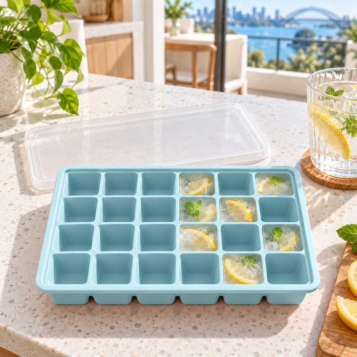 24-Cavity Silicone Ice Cube Tray with Lid Options for Home Freezing - Muted Blue with lid - lifestyle