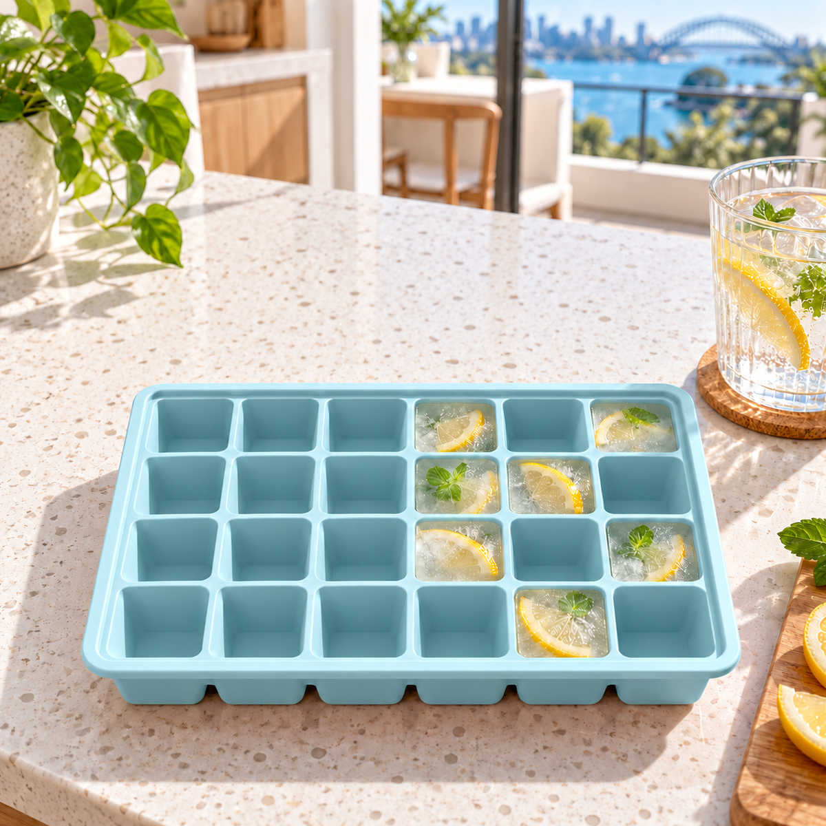 24-Cavity Silicone Ice Cube Tray with Lid Options for Home Freezing - Muted Blue no lid - lifestyle