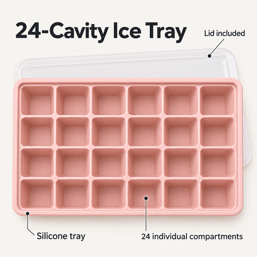 24-Cavity Silicone Ice Cube Tray with Lid Options for Home Freezing - Muted Pink with lid - feature
