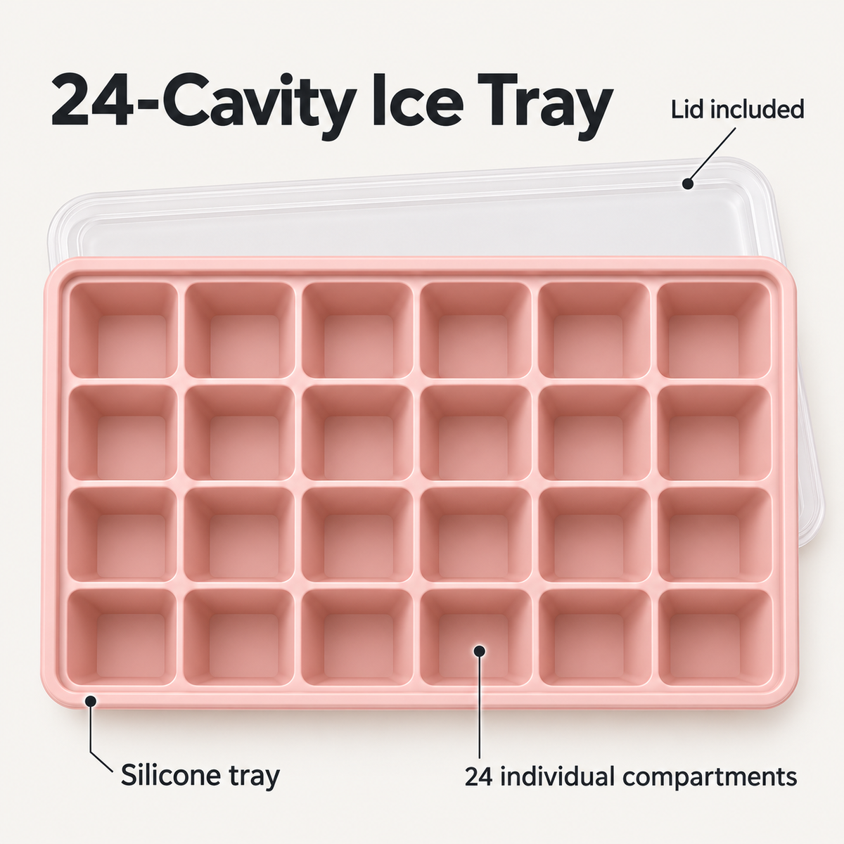 24-Cavity Silicone Ice Cube Tray with Lid Options for Home Freezing - Muted Pink with lid - feature