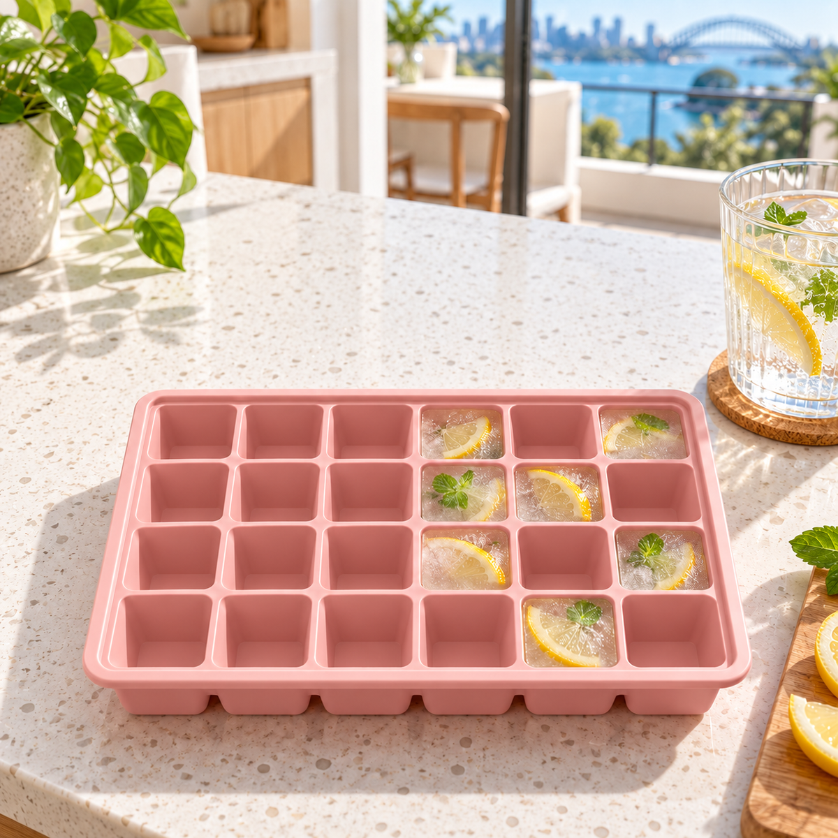24-Cavity Silicone Ice Cube Tray with Lid Options for Home Freezing - Muted Pink no lid - lifestyle