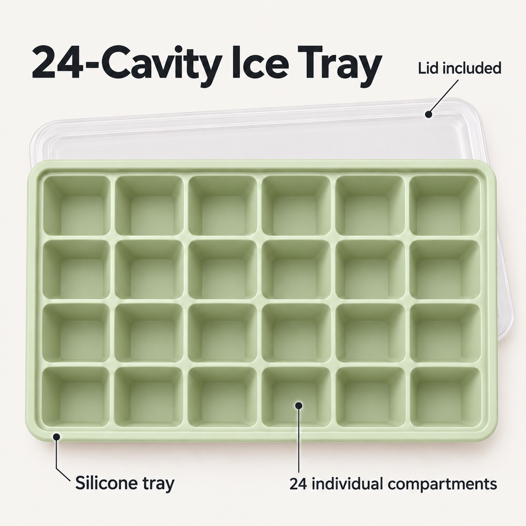 24-Cavity Silicone Ice Cube Tray with Lid Options for Home Freezing - Muted Green with lid - feature