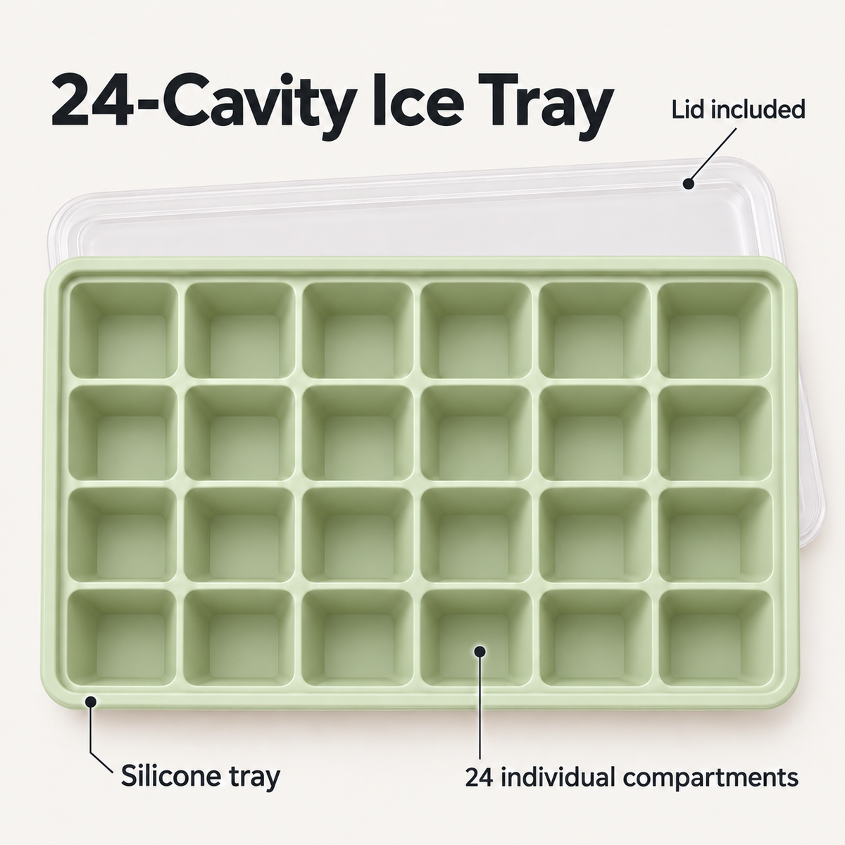 24-Cavity Silicone Ice Cube Tray with Lid Options for Home Freezing - Muted Green with lid - feature