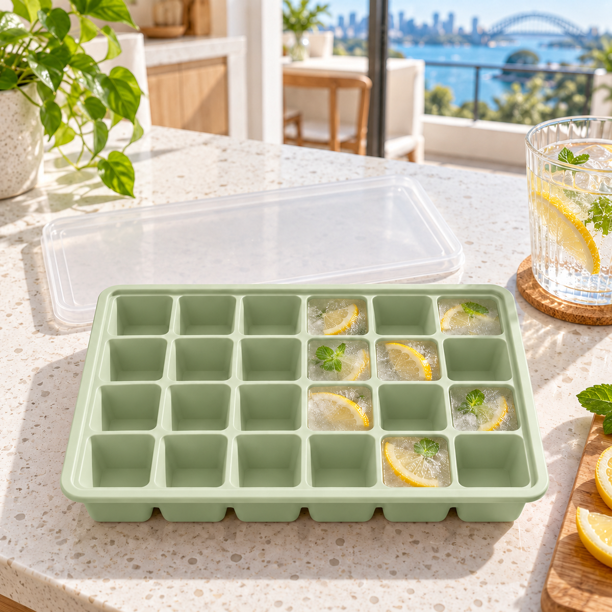 24-Cavity Silicone Ice Cube Tray with Lid Options for Home Freezing - Muted Green with lid - lifestyle