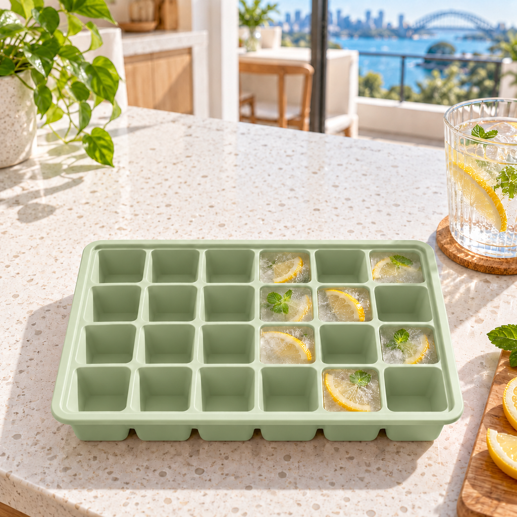 24-Cavity Silicone Ice Cube Tray with Lid Options for Home Freezing - Muted Green no lid - lifestyle