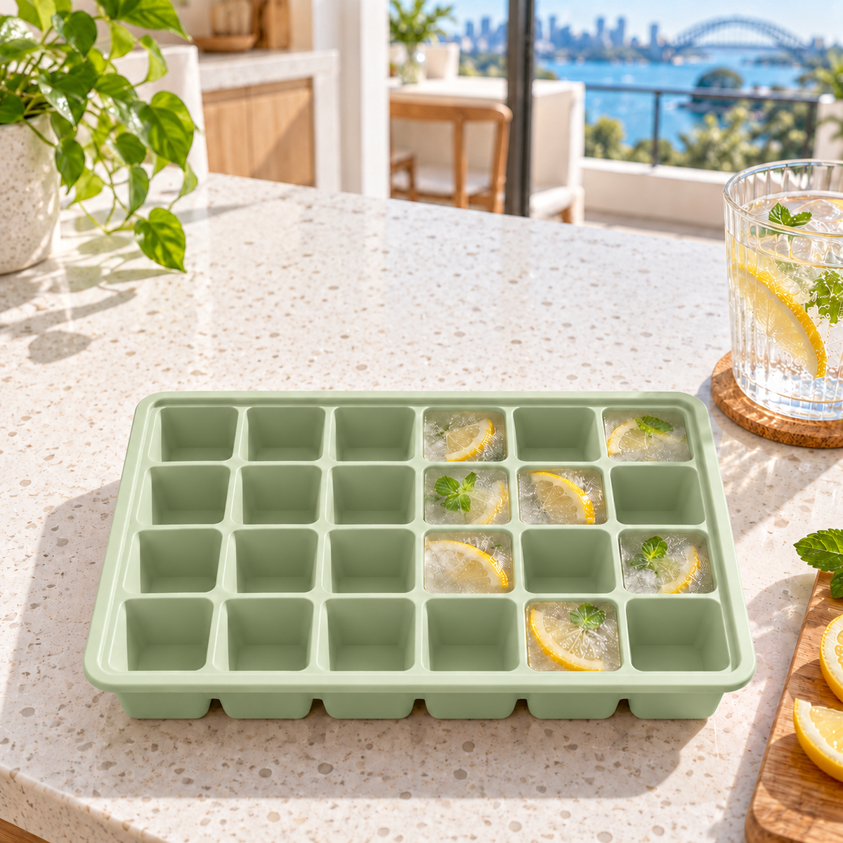 24-Cavity Silicone Ice Cube Tray with Lid Options for Home Freezing - Muted Green no lid - lifestyle