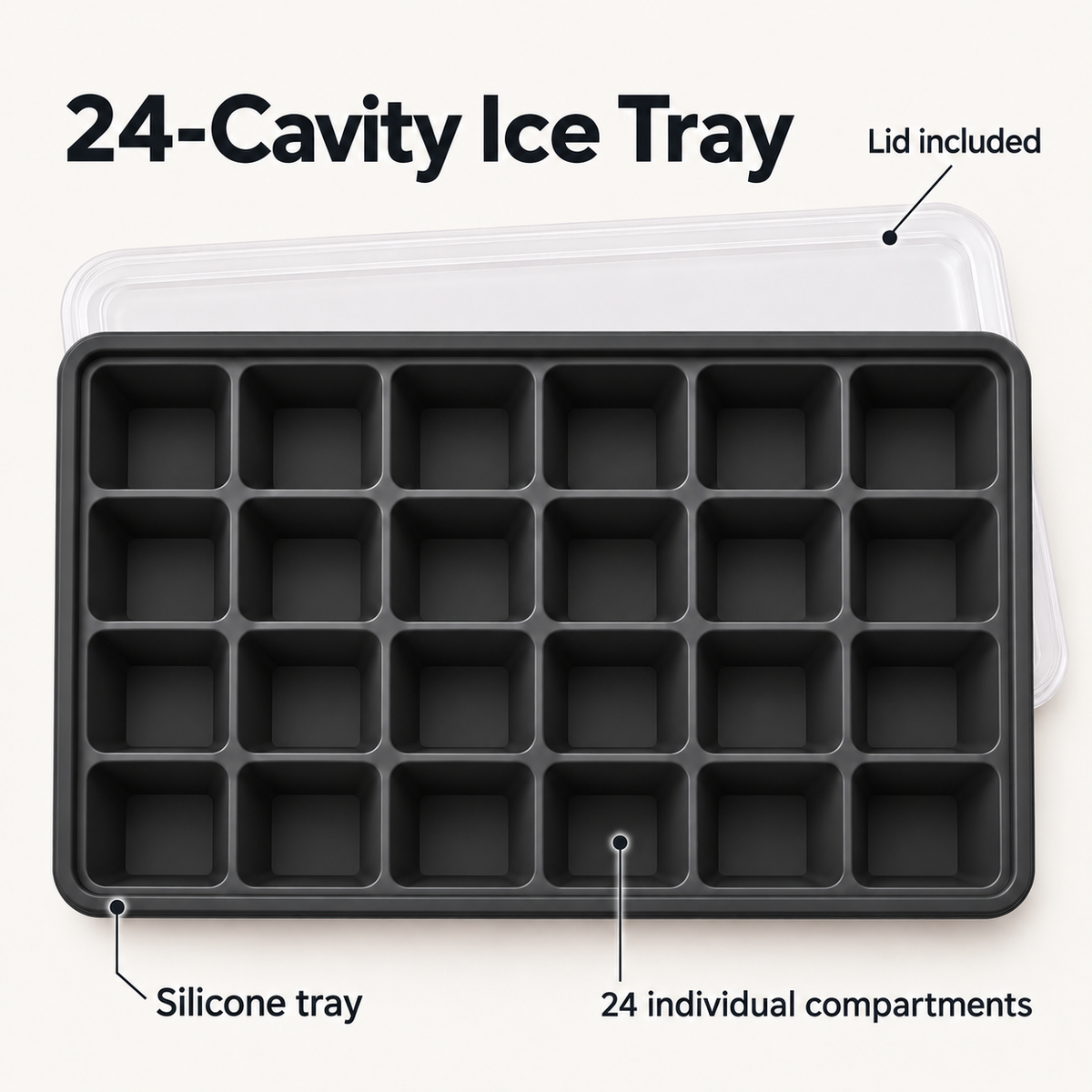 24-Cavity Silicone Ice Cube Tray with Lid Options for Home Freezing - Black with lid - feature