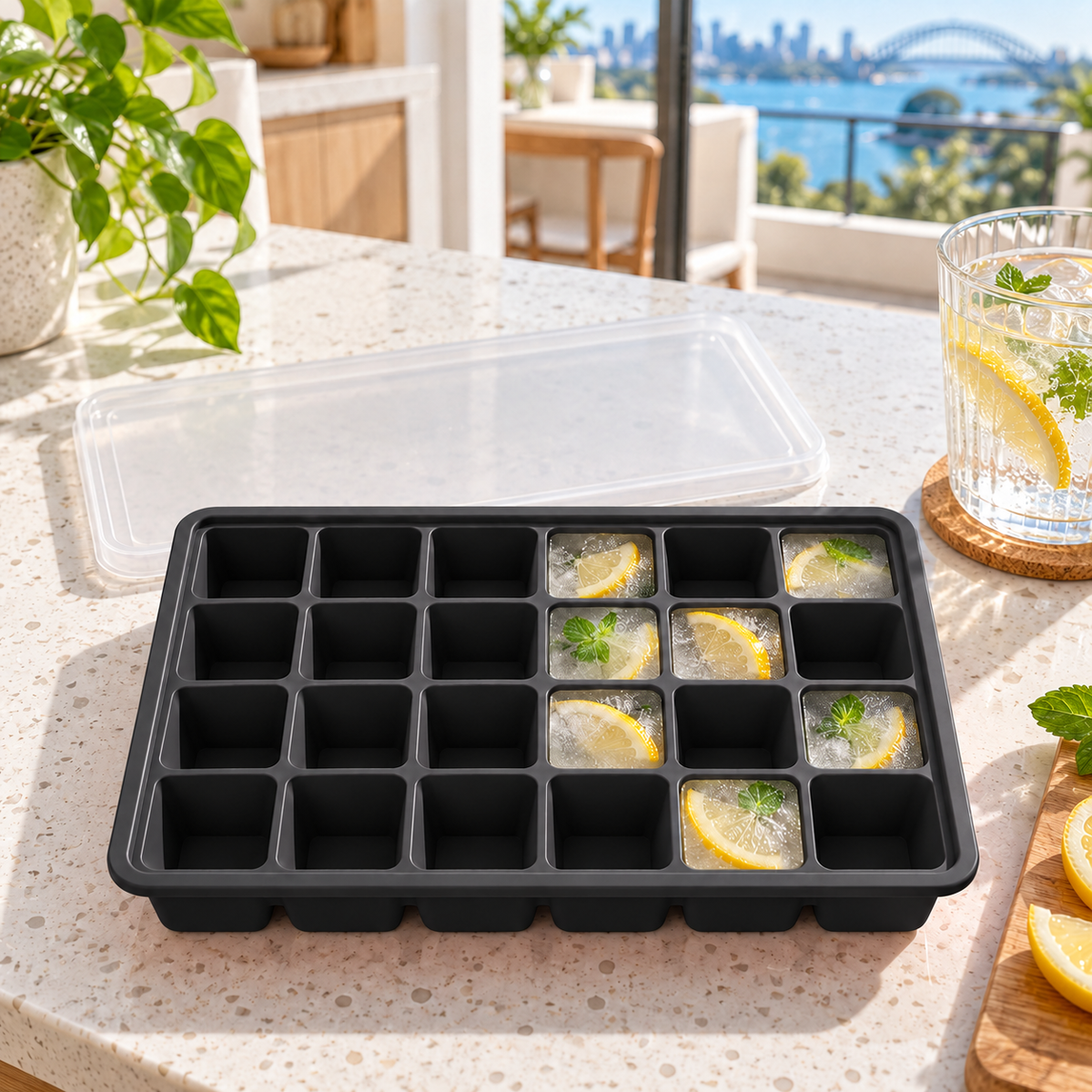 24-Cavity Silicone Ice Cube Tray with Lid Options for Home Freezing - Black with lid - lifestyle