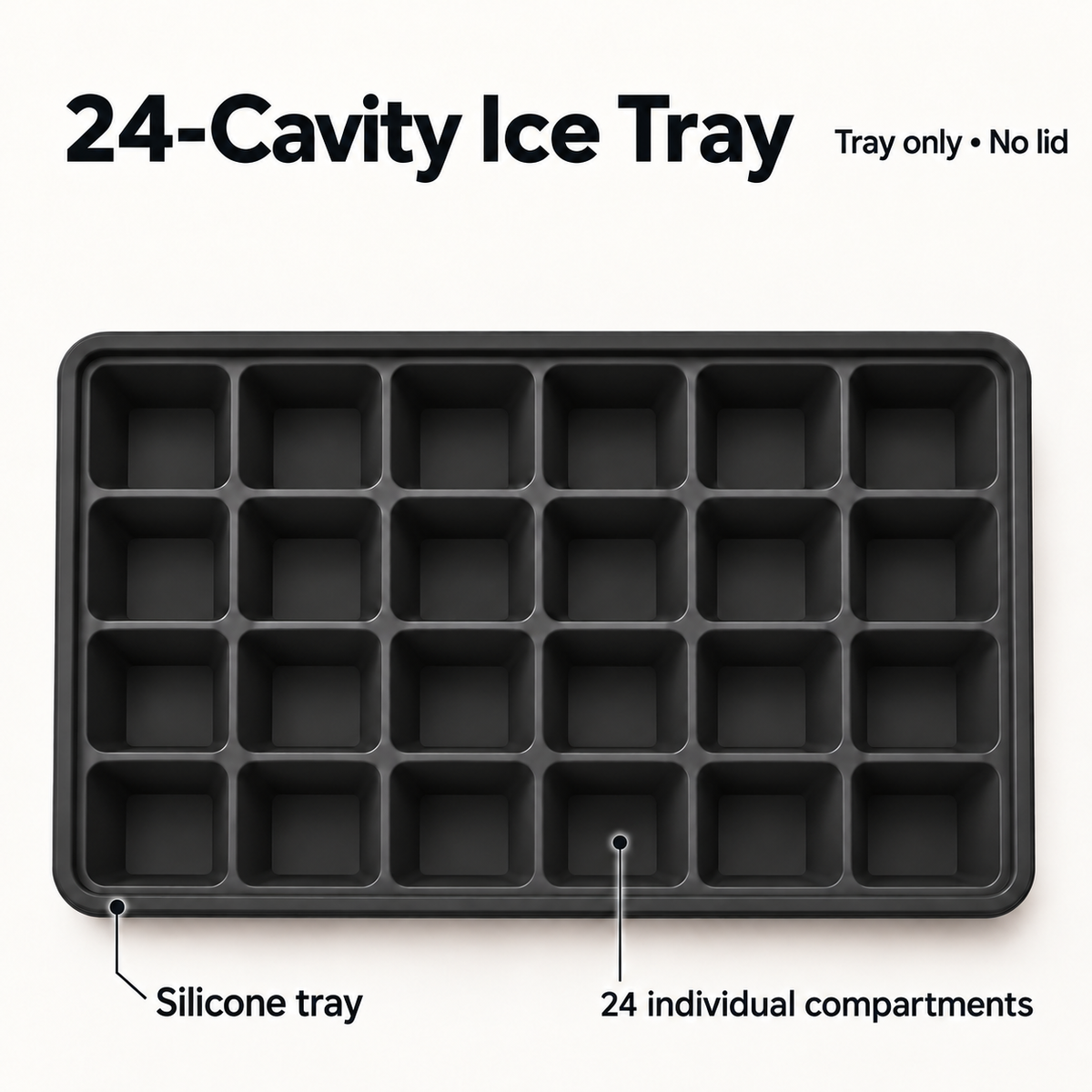 24-Cavity Silicone Ice Cube Tray with Lid Options for Home Freezing - Black no lid - feature