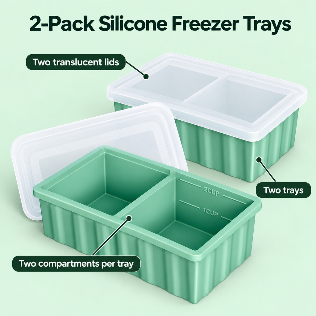 500ml Silicone Freezer Tray with Single and Two-Pack Options for Meal Prep - 2-Pack Green - feature