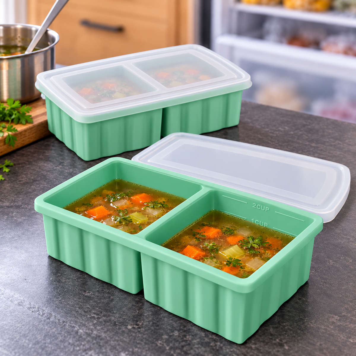 500ml Silicone Freezer Tray with Single and Two-Pack Options for Meal Prep - 2-Pack Green - lifestyle