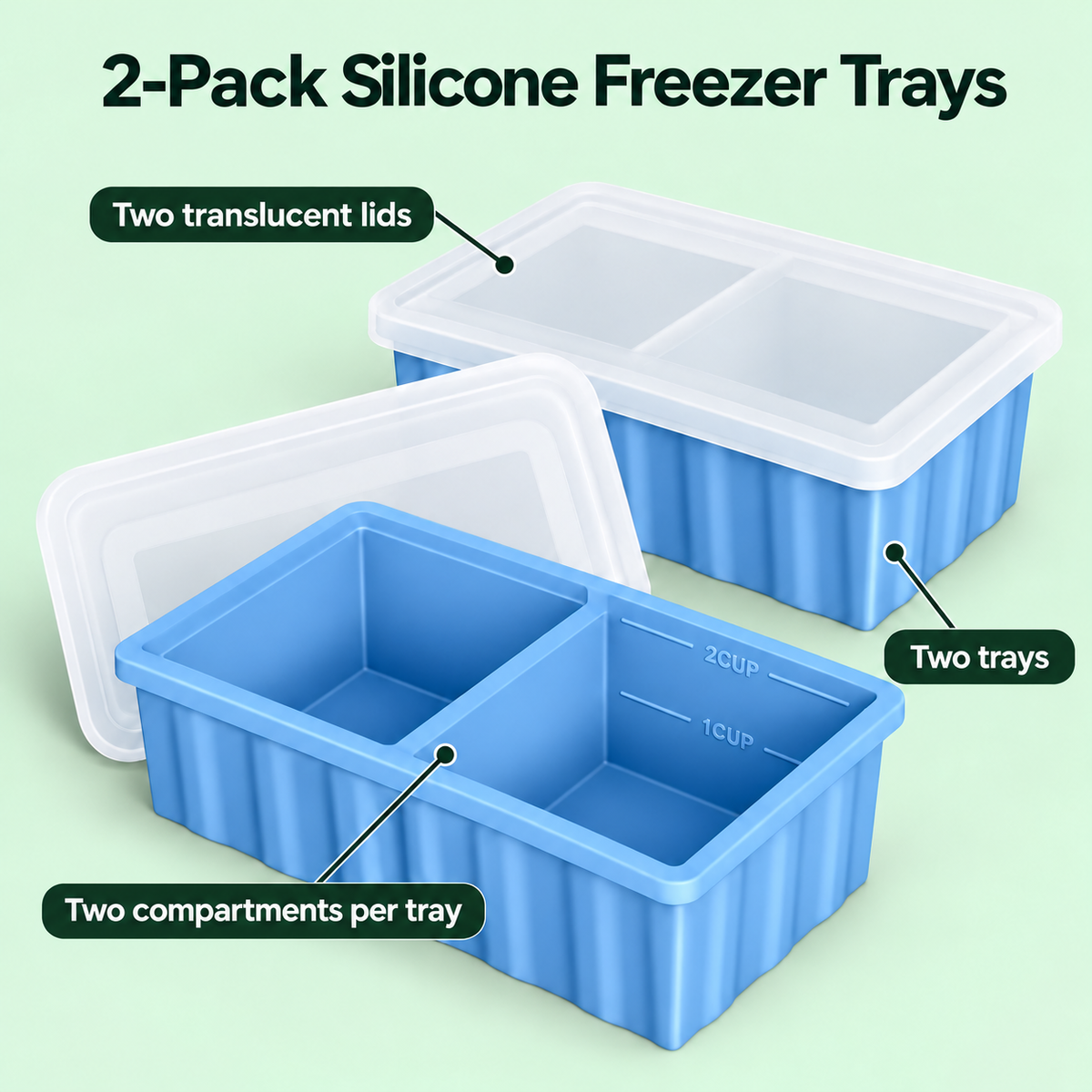 500ml Silicone Freezer Tray with Single and Two-Pack Options for Meal Prep - 2-Pack Blue - feature