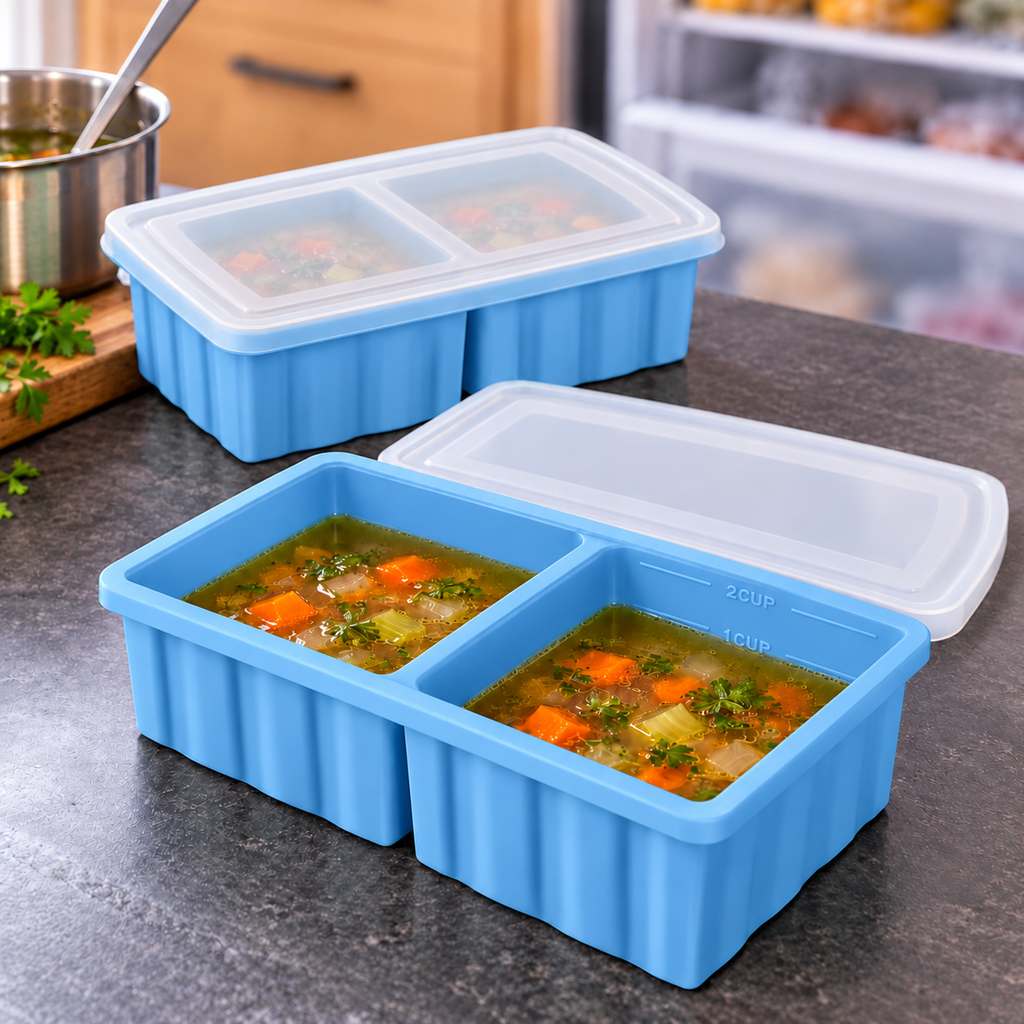 500ml Silicone Freezer Tray with Single and Two-Pack Options for Meal Prep - 2-Pack Blue - lifestyle