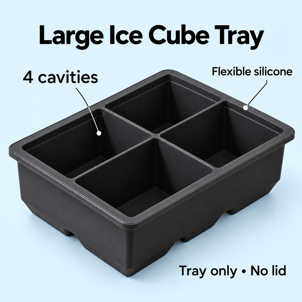 Silicone Large Ice Cube Tray with 4, 6 and 8 Cavities and Lid Options - 4 cavities Black no lid - feature
