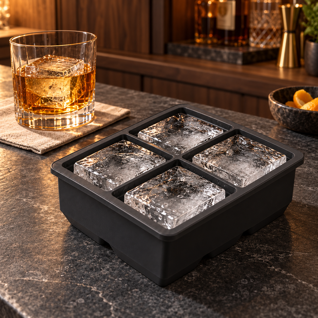 Silicone Large Ice Cube Tray with 4, 6 and 8 Cavities and Lid Options - 4 cavities Black no lid - lifestyle