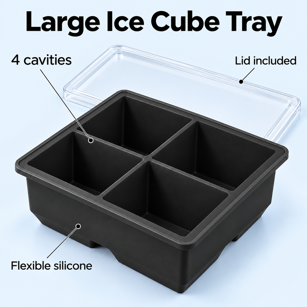 Silicone Large Ice Cube Tray with 4, 6 and 8 Cavities and Lid Options - 4 cavities Black with lid - feature