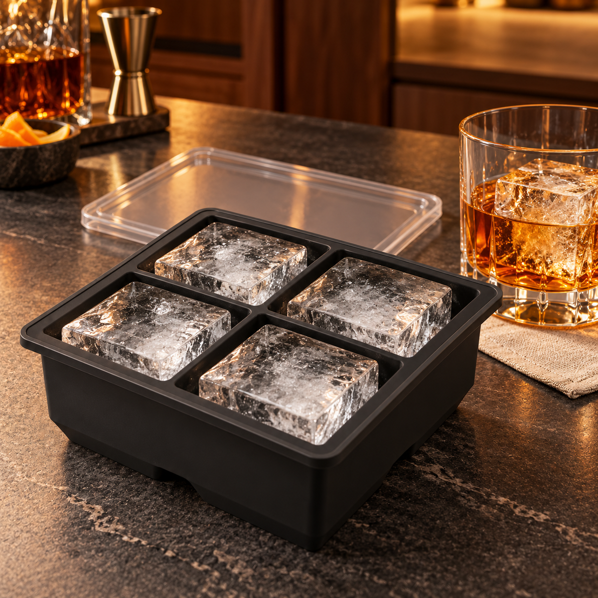 Silicone Large Ice Cube Tray with 4, 6 and 8 Cavities and Lid Options - 4 cavities Black with lid - lifestyle