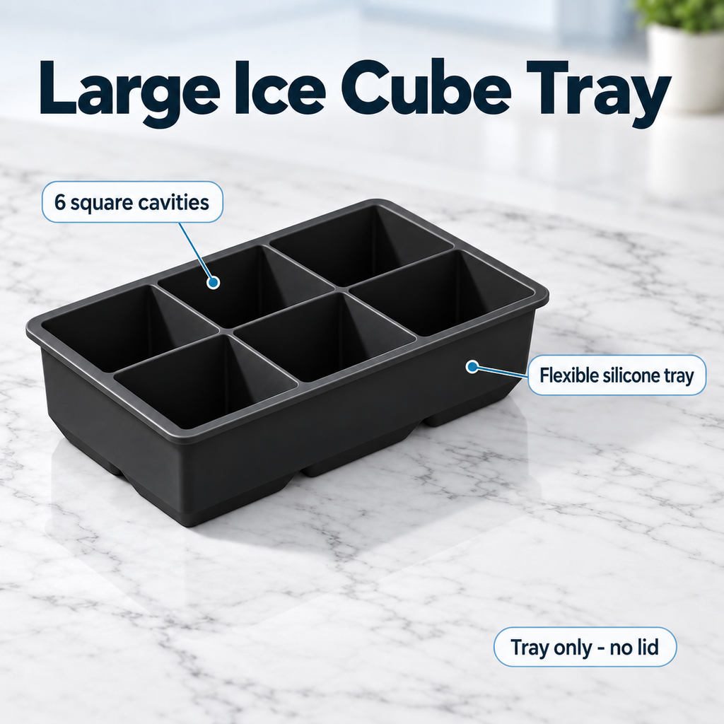 Silicone Large Ice Cube Tray with 4, 6 and 8 Cavities and Lid Options - 6 cavities Black no lid - feature