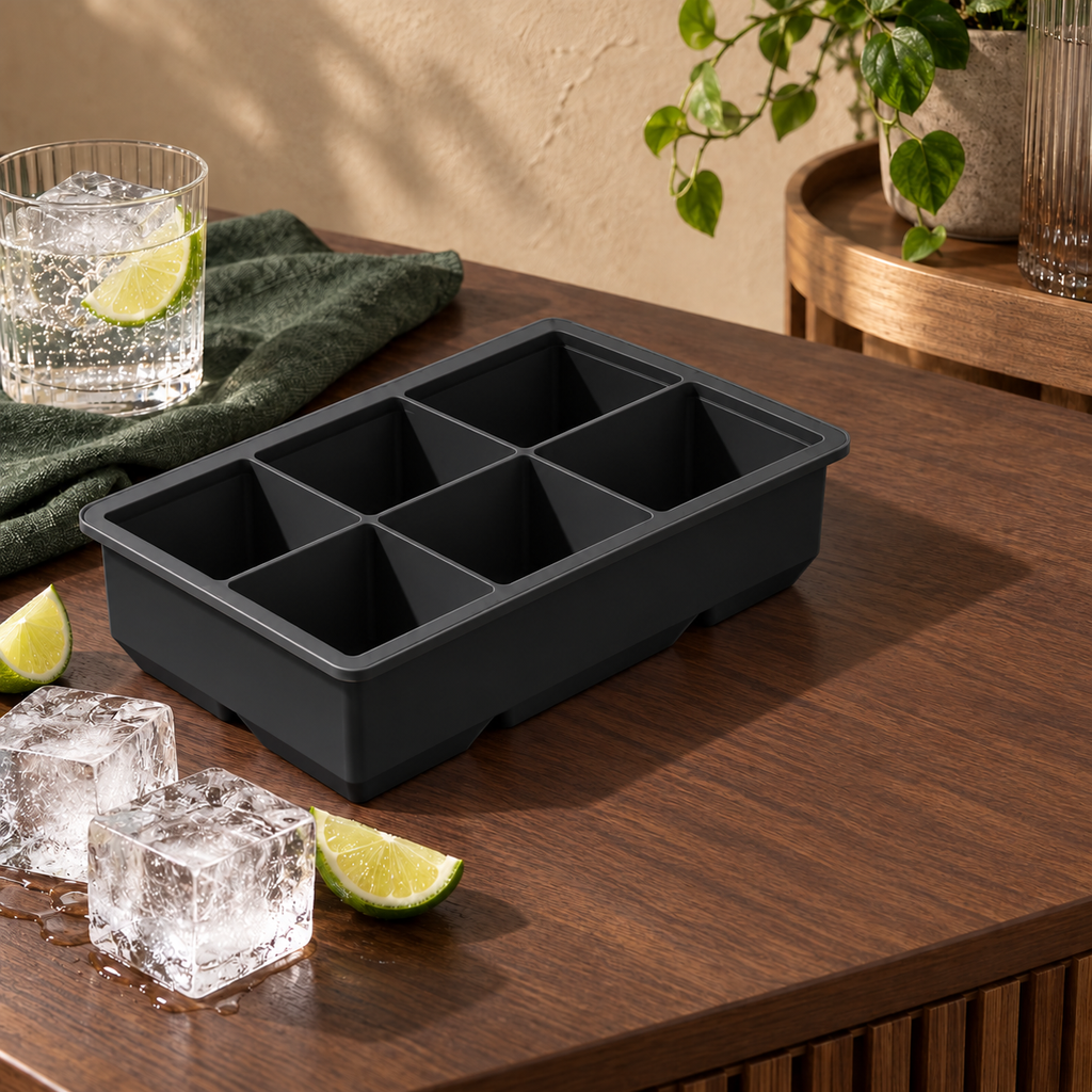 Silicone Large Ice Cube Tray with 4, 6 and 8 Cavities and Lid Options - 6 cavities Black no lid - lifestyle