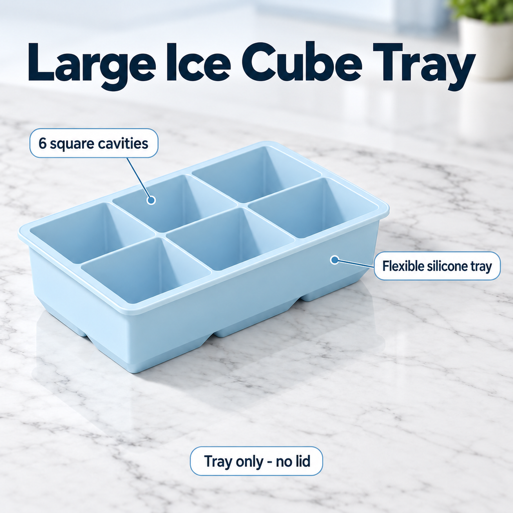 Silicone Large Ice Cube Tray with 4, 6 and 8 Cavities and Lid Options - 6 cavities Blue no lid - feature