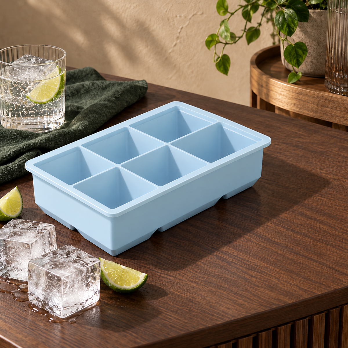 Silicone Large Ice Cube Tray with 4, 6 and 8 Cavities and Lid Options - 6 cavities Blue no lid - lifestyle