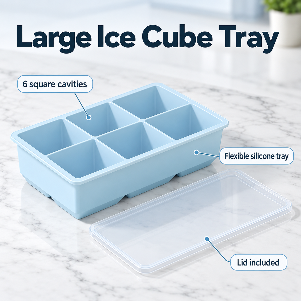 Silicone Large Ice Cube Tray with 4, 6 and 8 Cavities and Lid Options - 6 cavities Blue with lid - feature