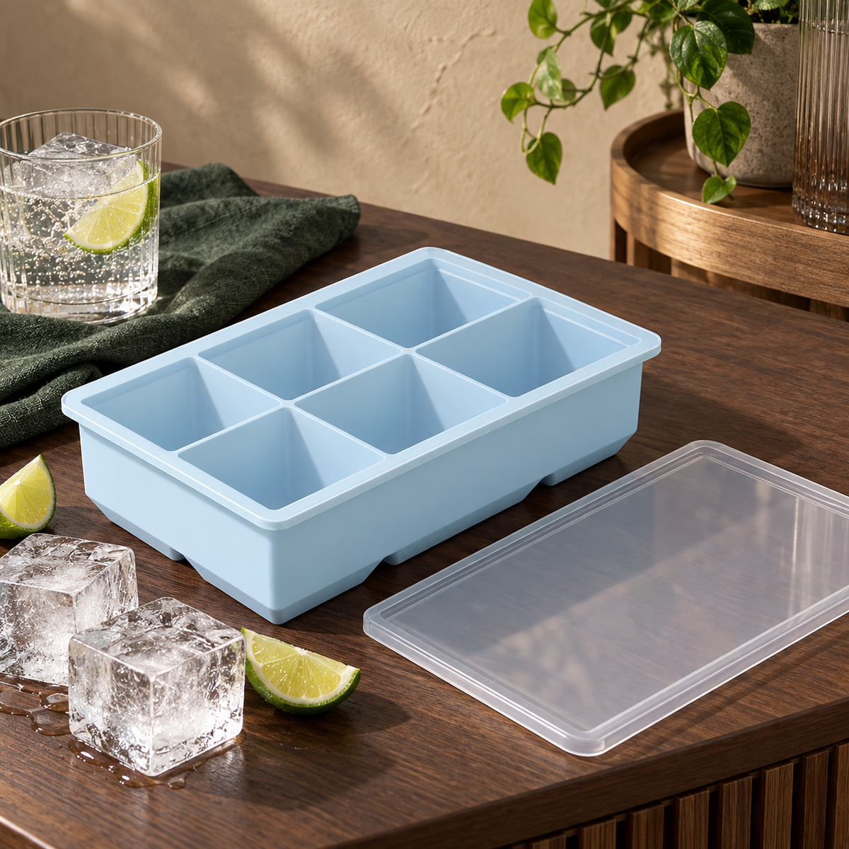 Silicone Large Ice Cube Tray with 4, 6 and 8 Cavities and Lid Options - 6 cavities Blue with lid - lifestyle