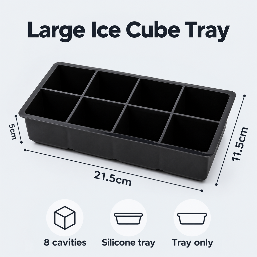 Silicone Large Ice Cube Tray with 4, 6 and 8 Cavities and Lid Options - 8 cavities Black no lid - feature