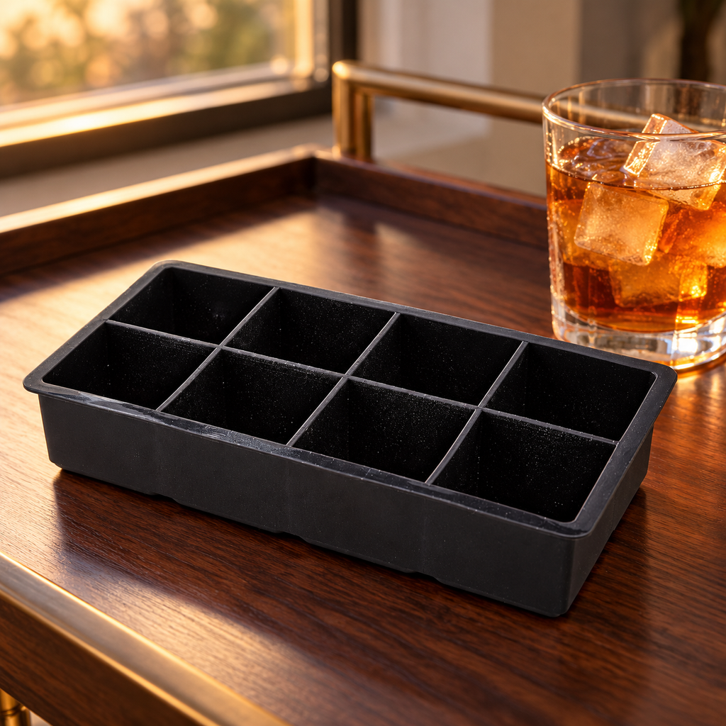 Silicone Large Ice Cube Tray with 4, 6 and 8 Cavities and Lid Options - 8 cavities Black no lid - lifestyle