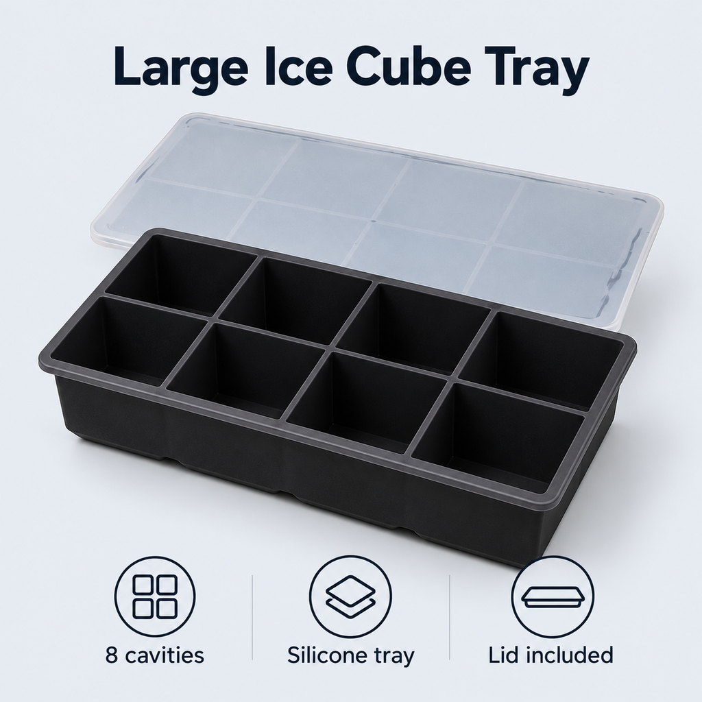 Silicone Large Ice Cube Tray with 4, 6 and 8 Cavities and Lid Options - 8 cavities Black with lid - feature