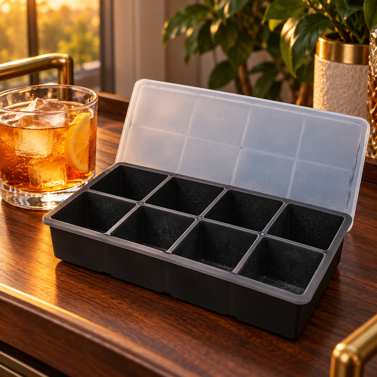 Silicone Large Ice Cube Tray with 4, 6 and 8 Cavities and Lid Options - 8 cavities Black with lid - lifestyle