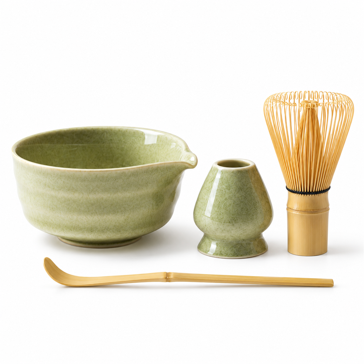 4-Piece Ribbed Matcha Set with Spouted Ceramic Bowl for Home Tea Rituals - Matcha Green - main