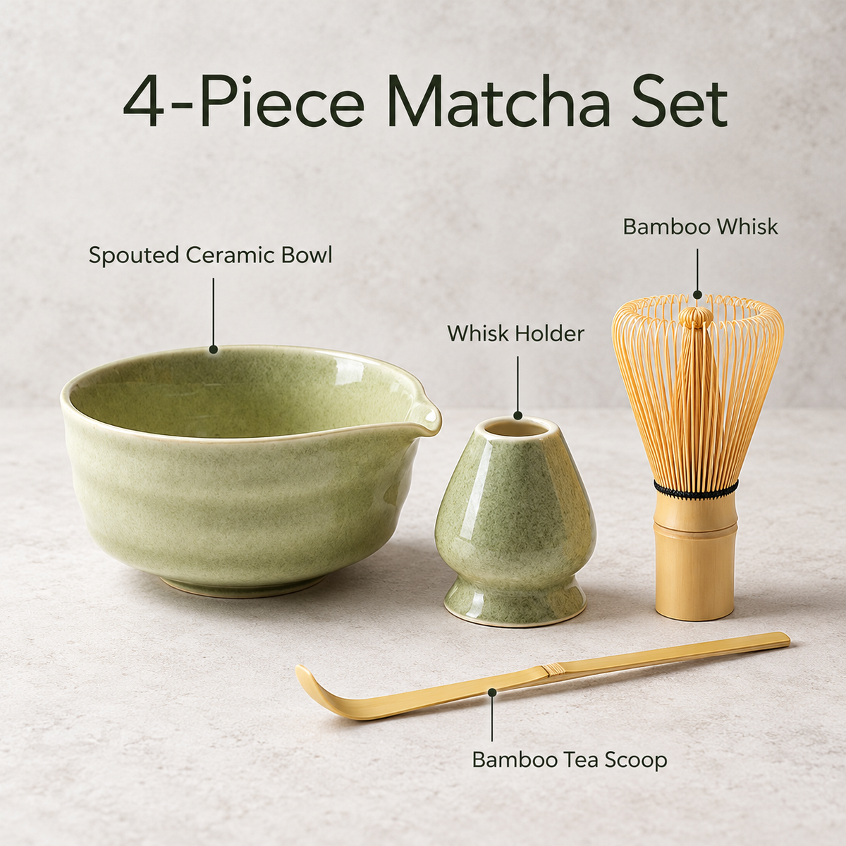 4-Piece Ribbed Matcha Set with Spouted Ceramic Bowl for Home Tea Rituals - Matcha Green - feature