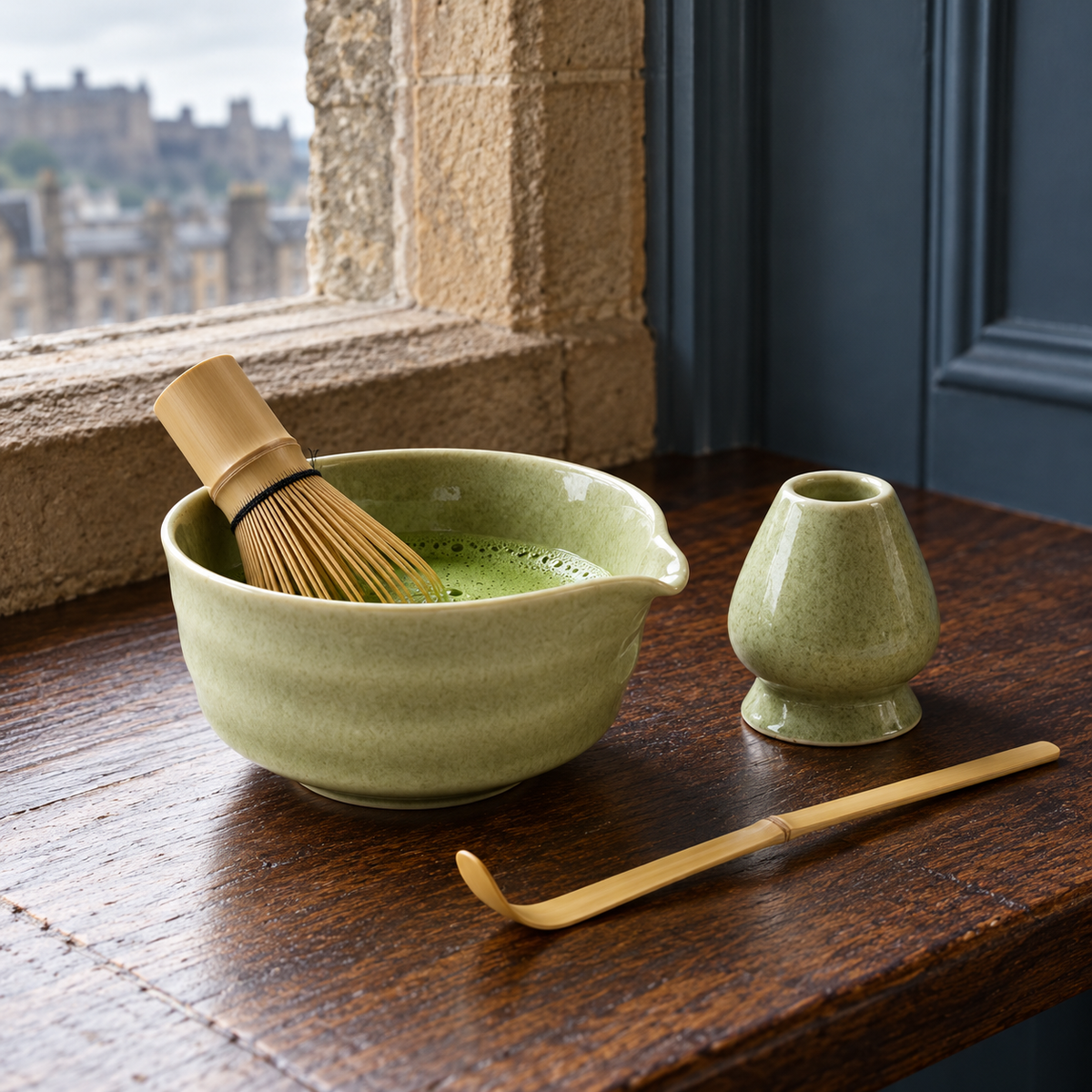 4-Piece Ribbed Matcha Set with Spouted Ceramic Bowl for Home Tea Rituals - Matcha Green - lifestyle