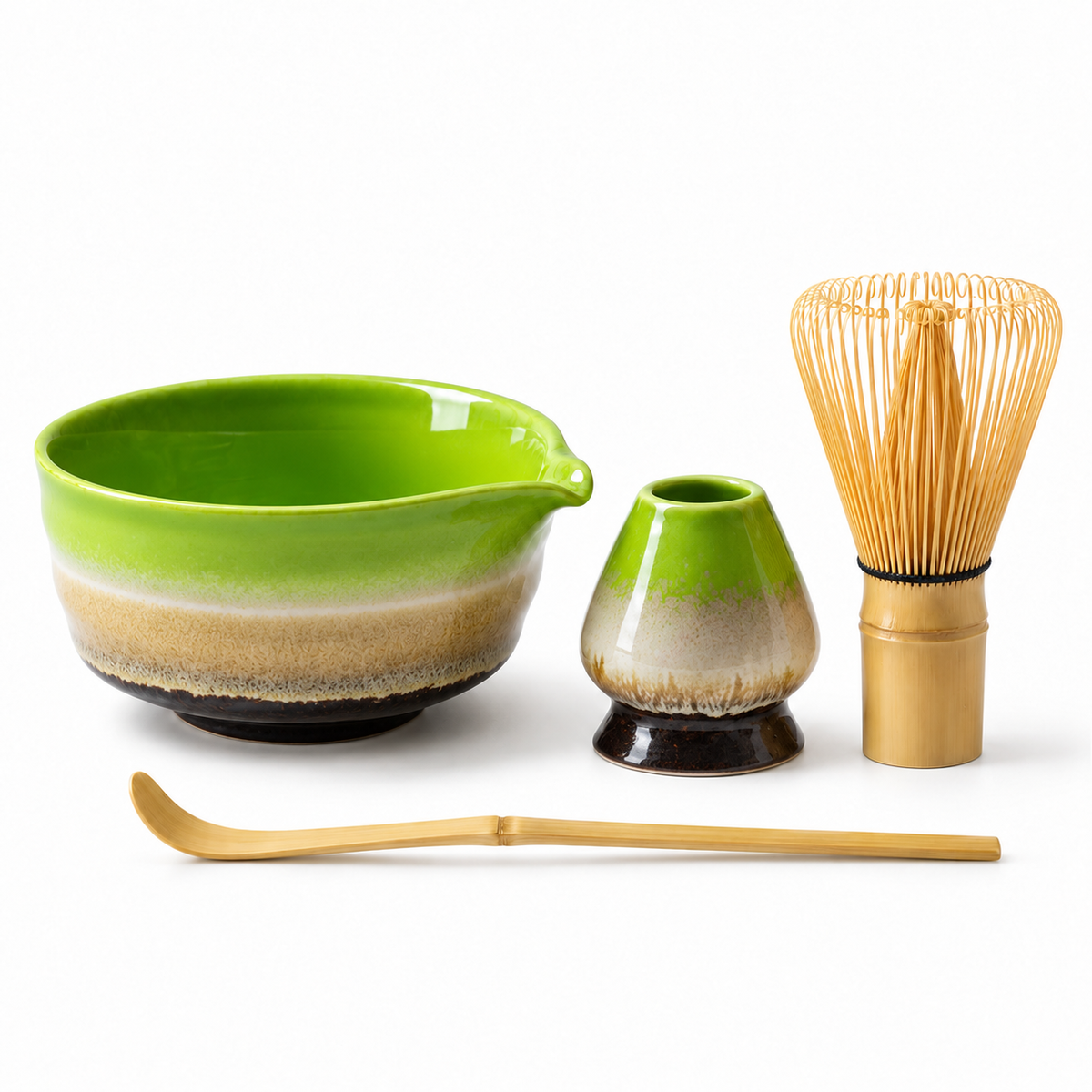4-Piece Ribbed Matcha Set with Spouted Ceramic Bowl for Home Tea Rituals - Kiln-Glazed Green - main