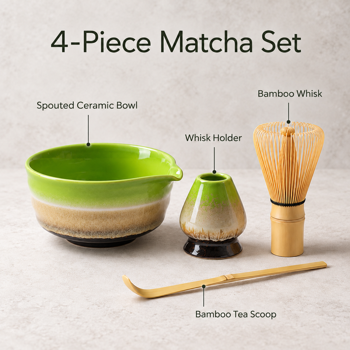 4-Piece Ribbed Matcha Set with Spouted Ceramic Bowl for Home Tea Rituals - Kiln-Glazed Green - feature