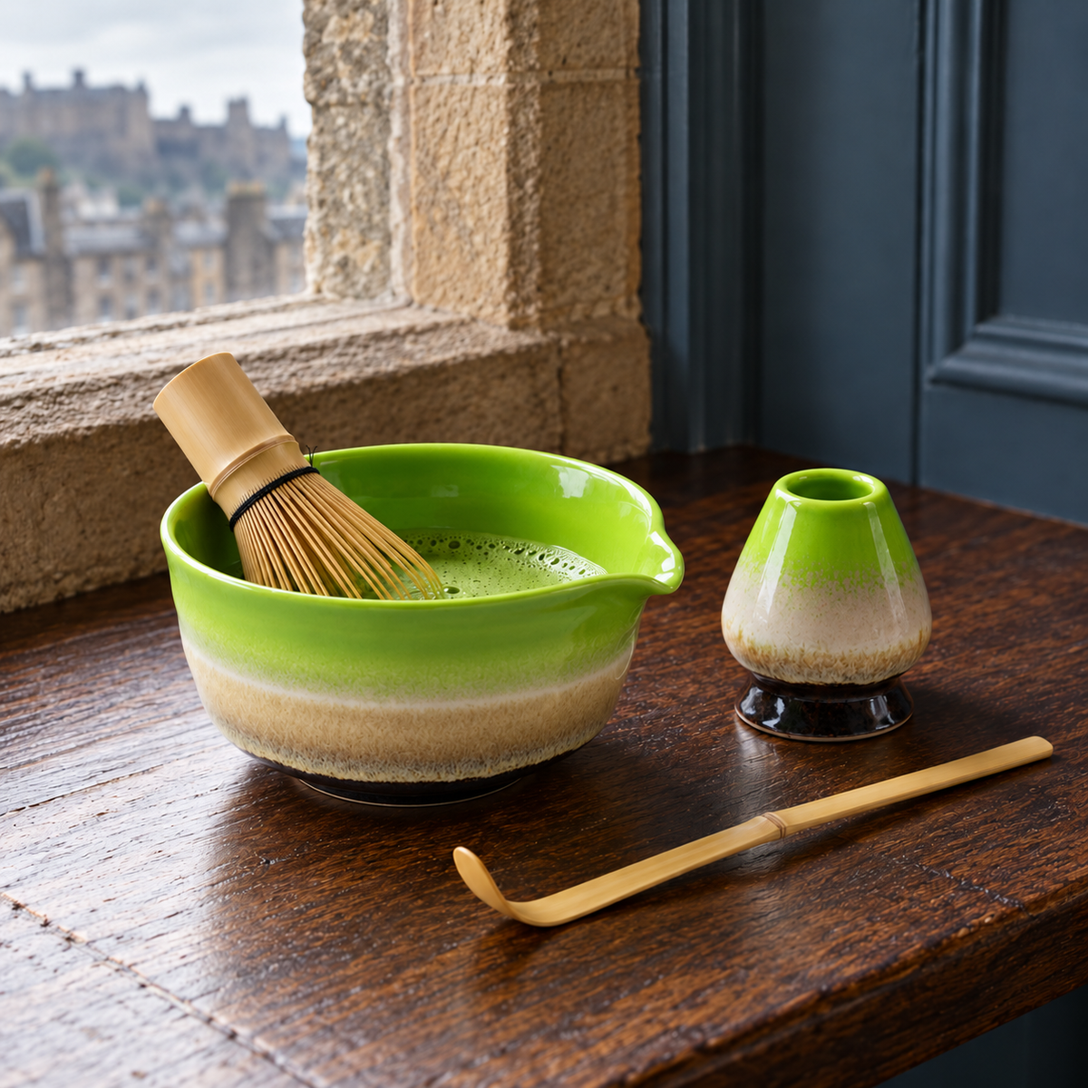 4-Piece Ribbed Matcha Set with Spouted Ceramic Bowl for Home Tea Rituals - Kiln-Glazed Green - lifestyle