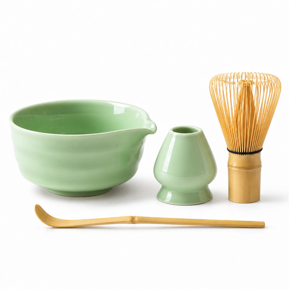 4-Piece Ribbed Matcha Set with Spouted Ceramic Bowl for Home Tea Rituals - Light Green - main